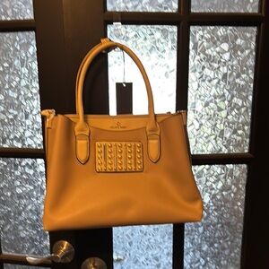 Tan Leather Tote with Geometric Detail